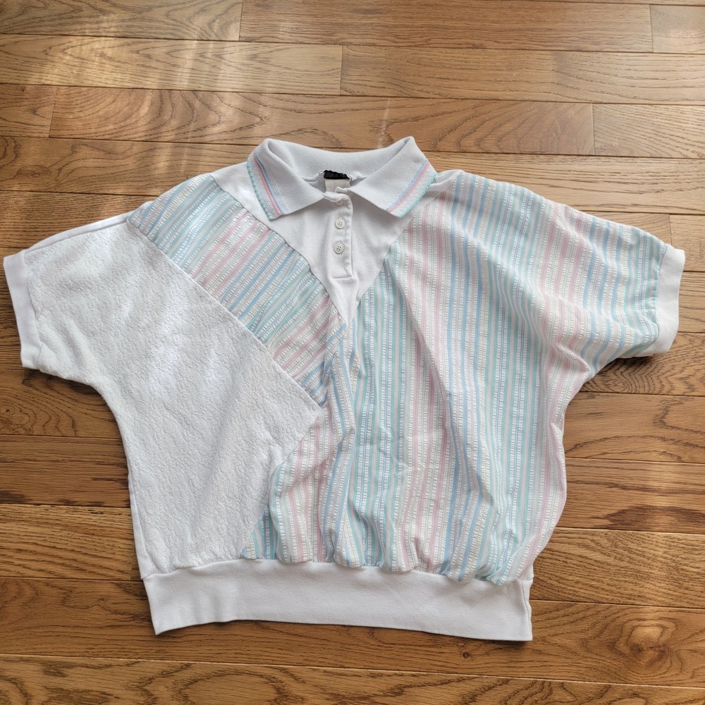 Vintage 80s 90s Private Line NY Pastel Striped Seersucker Mixed Media Polo Top